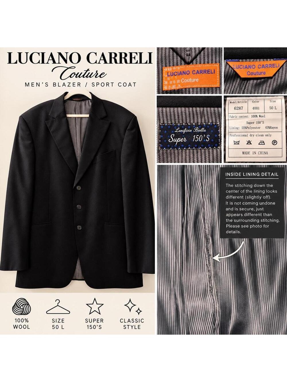 Luciano Carreli Couture Men’s Wool Blazer – Size 50L